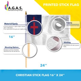 AGAS Flags 16"x24" Inch Christian Religious Stick Flag, Printed on Economy Polyester, Single Stitched, Attached to 36" x 3/8" Inch Natural Wood Pole with a Gold Ball Spear Top.
