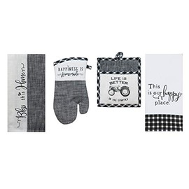4 Piece Black and White Farmhouse Country Kitchen Linen Set - 2 Towels, Oven Mitt and Pocket Pot Holder