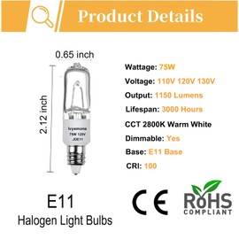 Ivyemons E11 Bulb 75W - 4 Pack JD E11 120V 75W Halogen Bulb 2700K Warm White, T4 E 11 Dimmable with E 11 Base, Mini Candelabra Bulbs for Chandeliers, Ceiling Fan, Halogen Light Bulbs