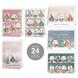 Canopy Street Snowy Village Holiday Cards / 24 Christmas Note Cards With White Envelopes / 4 5/8" x 6 1/4" Festive Seasonal Greeting Cards / 6 Winter Wonderland Houses Designs