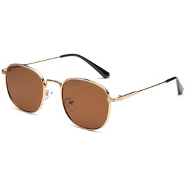 RUNHUIS Classic Square Sunglasses for Men Women Vintage Round Glasses with Metal Frame and UV400 Protection, gold/brown