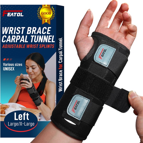 FEATOL Wrist Brace for Carpal Tunnel, Adjustable Night Wrist Support Brace with Splints Left Hand, Large/X-Large, Hand Support for Arthritis, Tendonitis, Sprain, Injuries, Wrist Pain