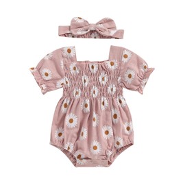 Infant Baby Girls Romper Daisy Ruffle Sleeve Pleated Smocked Bubble One Piece Ruched Jumpsuit Summer Bodysuit(Light Pink, 3-6 Months)