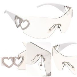 Yolyoo Wrap Around Y2K Rimless Sunglasses Heart Trendy Shield Oversized Sunglasses 2000S Frameless Sun Glasses Accessories for Women Men