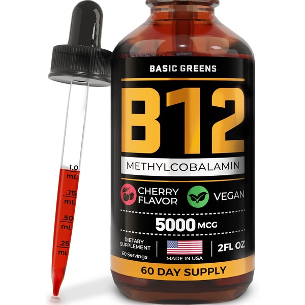 BASIC GREENS Vitamin B12 Sublingual (Vegan) 2 Fl Oz - Methylcobalamin B12 Vitamins 5000 mcg, B12 Liquid Drops, Methyl B12, Cherry Flavor