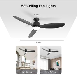 revoici Black Ceiling Fan with Light Remote 52in 6Speed Silent Reversible Motor 3CCT Dimmable LED Flush Mount Low Profile Fan Timer Memory Function Modern Plastic Blade Vacation Mode Indoor Outdoor