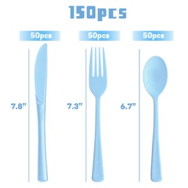 joy akkess 150 Pack Blue Plastic Silverware, Light Blue Plastic Utensils Heavy Duty, 50 Forks, 50 Knives, 50 Spoons for Birthday Wedding Baby Shower Boy