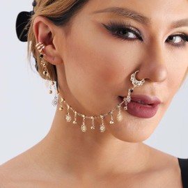 Wendalern Punk Fake Nose Ring Hoop Ethnic Nose Rings with Chain Tassel Non-Penetrating Gold Sequins Nose to Ear Chain Indian Nose Ring Stud Nose Hole Body Accessories for Women, stainless steel