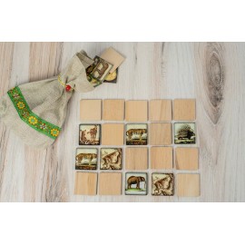 PoppyBabyCo Wooden Memory Matching Game with a Linen Storage Bag, Zoo Animals