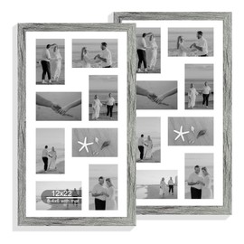 Hongkee 12x22 Picture Frame Set of 2, Grey with Glass Collage Frame, Display Eight Opening 4x6 Photos With Mat or 12 x 22 Newspaper Without Mat - Horizontal or Vertical Wall Mounting