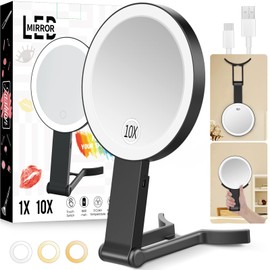 Travel Makeup Mirror with Lights, Rechargeable Double Sided 10X /1X Magnifying Mirror with Light, 3 Color Lighting Portable Travel Mirror, Dimmable Touch Screen, Tabletop Handhold Hanging Black