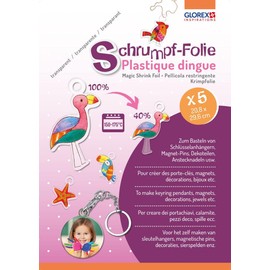 GLOREX 6 1230 704 Shrink Film in A4, Set of 5 Sheets, Transparent, for Designing Individual Tags and Pins