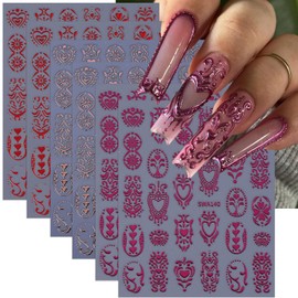 Bohemian Style Nail Stickers Metal Flower Nail Decals 6PCS Self-Adhesive Silver Red Heart Floral Design Sticker Shiny Fall Nail Art Luxury Nail Supplies for Women DIY Nail Decorations Charms