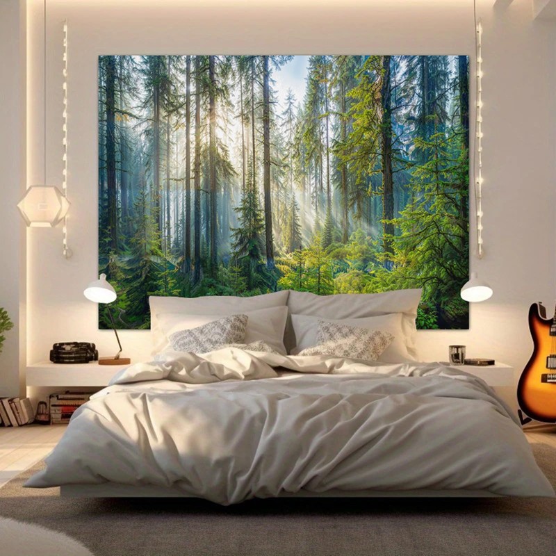BCughia Tapestry 200 x 200 cm, Green Trees Misty Forest