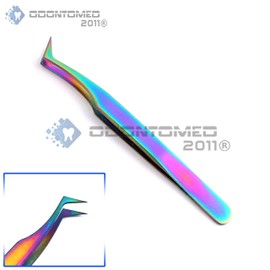 OdontoMed2011 Set of 2 Stainless Steel Multi Titanium Rainbow Color 3D Eyelash Extension Tweezers A Type Angled + X Type Self Retracting Fine Point (ODM)