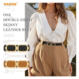 WHIPPY Women Reversible Leather Belt Fashion Skinny Waist Belt with Gold Buckle for Jeans Pants Dresses Brown+Black XXL