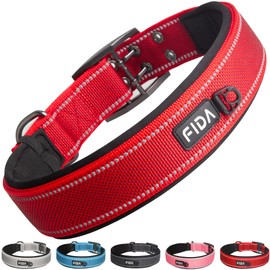Fida Heavy Duty Dog Collar 1.5” Width, Ultra Soft Neoprene Padded, Adjustable Reflective Nylon Pet Collar with Two Metal Pin Belt Buckle for Large / X-Large Breeds ( XL, Red)