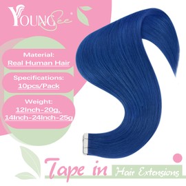 YoungSee Tape in Hair Extensions Blue Tape on Hair Extensions Human Hair Blue Colored Hair 22In 25G 10Pcs