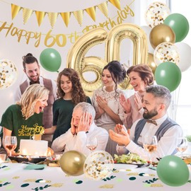 60th Birthday Decorations for Men Women,Saga Green Birthday Balloons,Green White Gold Birthday Party Decoration With Happy 60th Birthday Banner,60th Birthday Confetti Green for 60th Birthday Deco