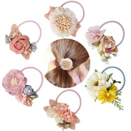 6 Pack Floral Hair Bows Ties Elastic Hair Bands Ponytail Holders, Faux Pearls Floral Hair Ties Hair Accessories for Women Girls Toddlers Kids Children Style 2