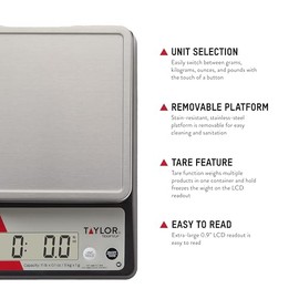 Taylor TE10FT 11-Pound Commercial Digital Portion Control Scale, 11 lb (5 kg) in 0.1 oz (1 g) Food and Cooking Scale, Tare and Hold Function, NSF, Sta