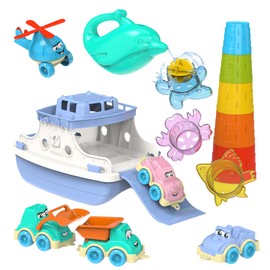 Ferry Boat Bath Toys Set for Kids 15 Pcs | Includes Ferry, Cars, Trucks, Helicopter, Stacking Cups & Toy Animals for Baby Boys & Girls | Water Bathtub Indoor Games for Toddlers | Kids Ages 1+