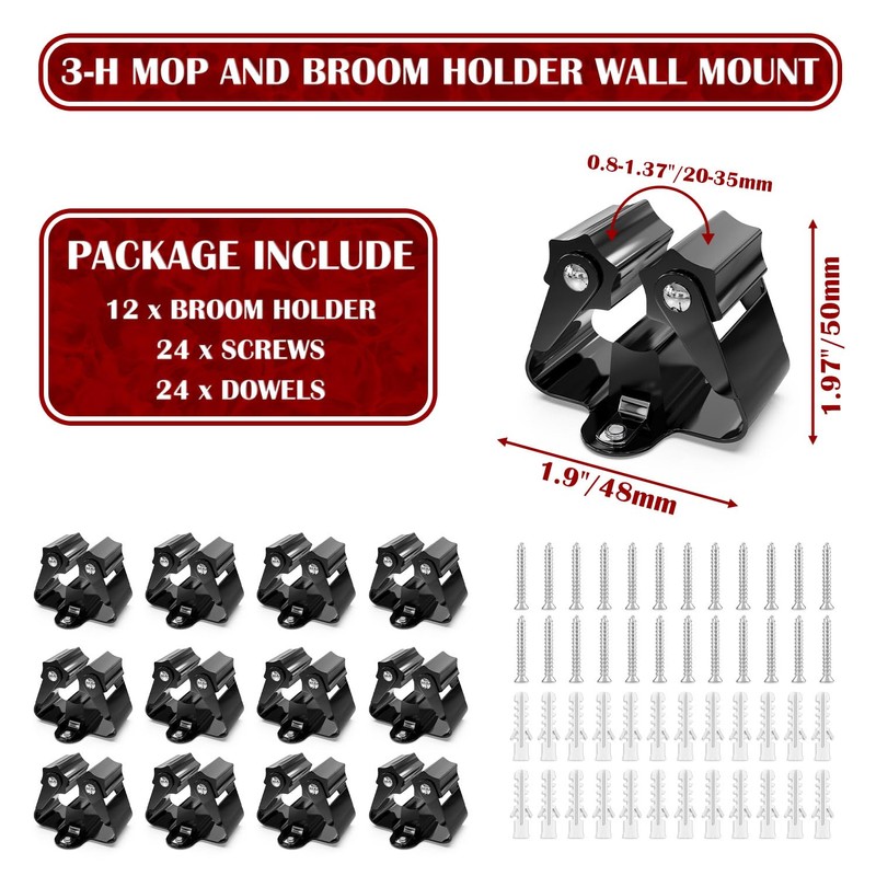 3-H 12 Pack Mop and Broom Holder,Broom Holder Wall Mounted-Metal