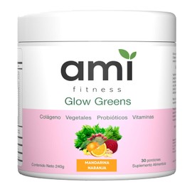 Ami Glow Greens - Jugo Verde Premium en Polvo con Colágeno y Probióticos, Superfoods, Enzimas Digestivas y Vitaminas - Apoyo para la Salud Intestinal, Piel Radiante y Energía | 30 Porciones | Mandarina Naranja