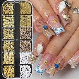 12 Grids 3D Gold Nail Charms Ocean Theme Designs Summer Nail Art Charms Mixed Shape Seashell Starfish Pearls Nail Decorations Cute Nail Rhinestones and Charms DIY Craft Accessories