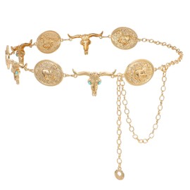 WHIPPY Western Metal Concho Belt for Women Vintage Cowgirl Boho Turquoise Chain Belts for Dresses Jeans, Gold, Bull Head Chain, M