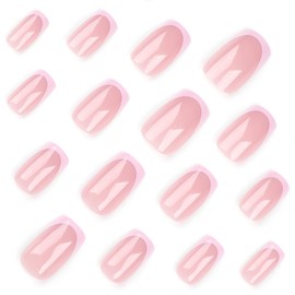 Pink French Press on Nails Short Square ZWENJIE Fake Nails Press ons with Glossy Designs Full Cover Nude Pink False Nails Artificial Acrylic Stick on Nails for Women 24 Pcs
