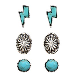 Western Turquoise Earrings for Girls Retro Lightning Oval Earrings Set for Girls Women Family Gathering Studs Earrings