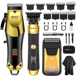 HIENA PRO Professional Cordless Hair Clippers for Men, T-Blade Beard Trimmer & Foil Shaver Set, Rechargeable Barber Clipper Kit and Hair Cutting Set, Facial Grooming Kit with LED Display