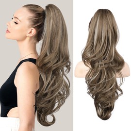 FLUFYMOOZ 26" Ponytail Extension, Long Wavy Curly Claw Clip in Ponytail Hair Extensions, Natural Synthetic Hairpiece for Women Daily Wear(Medium Brown Ash Blonde)