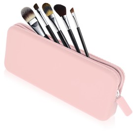 Sakolla Travel Makeup Brush Holder, Silicone Makeup Brush Bag with Zipper Closure, Makeup Brushes Organizer Case Washable Makeup Pouch Holder Case for Daily, Work, Essentials Pink