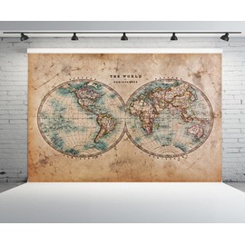 CHNYWORK 7ftx5ft Vintage Hemispheres World Map Backdrop Retro Map Photo Background for Kids Adults Boy Military Nautical Theme Party Decor Artistic Portrait Photo Shoot Studio Props Wallpaper