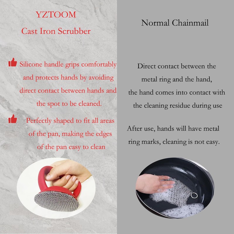 YZTOOM Cast Iron Scrubber, Iron Chainmail Scrubber Skillet Cleaner with