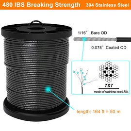 Wire Rope,1/16" Bare OD,0.078" Coated OD,Black Vinyl-Coated 304 Stainless Steel Wire Cable,164 FT Outdoor Light Guide Wire with 100Pcs Crimping Sleeves,Globe String Lights Hanging Kit for Patio,Garden