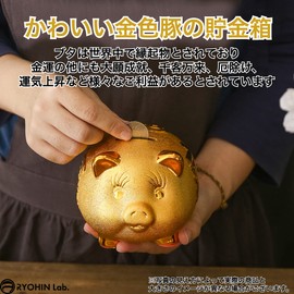 RYOHIN Lab. Pig Money Bank, Gold, Good Luck, Luck Up, Lucky Item, Feng Shui, Interior Decoration, 1 Piece (Small)