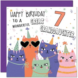 7th Great Granddaughter Birthday Card - Childrens Cute Cat Great Granddaughter Birthday Card for 7 Year old Kids seven, seventh