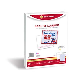 DocuGard Secure Coupons with Heat-Sensitive Ink & Security Pantograph, Blue Front, 8.5 x 11, 24 lb, 6 Coupons Per Sheet, 500 Sheets, 3000 Coupons, (04561) (4.25 x 3.67)
