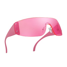 FEISEDY Rimless Wrap Around Y2K Sunglasses For Women Men Fashion Oversized Shield Frameless Sun Glasses B4119, Pink, 70MM