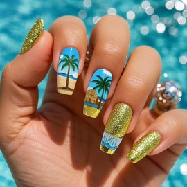 BLGTGH Summer Press on Nails Medium Square Fake Nails with Coconut Tree Design Full Cover Gold Glitter False Nails Blue Beach Stick on Nails Reusable Glossy Sky Glue on Nails for Women Girls Manicure 24Pcs