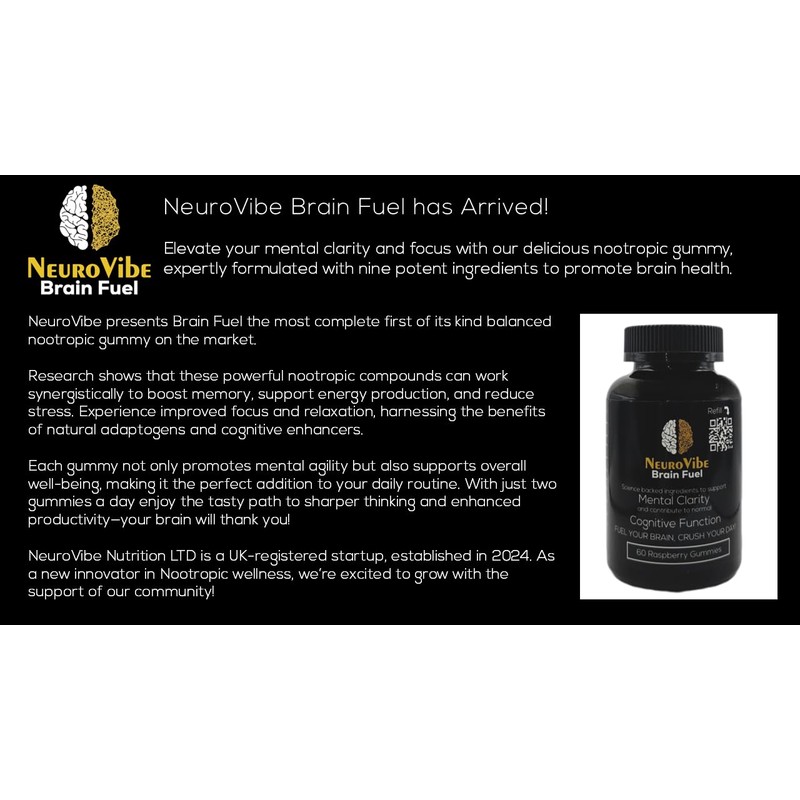NeuroVibe Brain Fuel, Raspberry Flavoured Nootropic Gummies