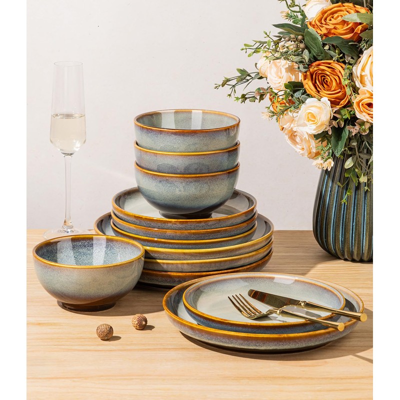 TheTerra Ceramic Dinnerware Set for 4, 12-Piece Plates and Bowls