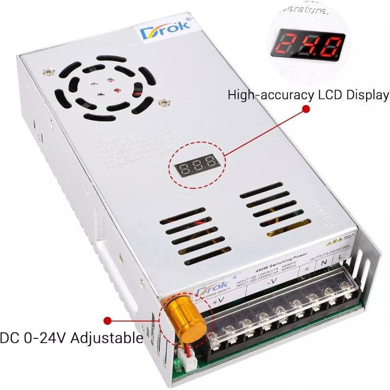 DROK 24V 20A Adjustable Power Supply Dc With Led Display