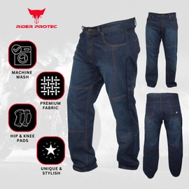 Rider Protec® Mens Motorcycle Pants with Hip and Knee Protective Pads Motorbike Reinforced Aramid Lining Riding Jeans Blue