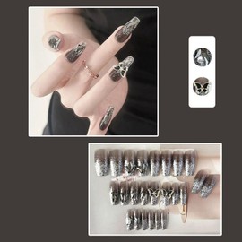 Nail Tips, False Nails, Long Nail Tips, 24 Pieces, 3D Nails, Underground Style, Korean, Mass Production Type, Cosplay Nails, Stylish, Popular, Gel Nails, Reusable, Ribbon, Nails, Beads, Nail Stickers