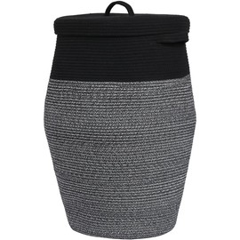 26" x 20" Handcrafted Tall Cotton Rope Basket with Lid, Stylish Flagon Shape with Cover, Clothes Hamper with Top, for Bedroom and Living Room, Black in Black Light Grey Mix