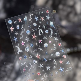 Summer Seashells Nail Art Sticker Blue & Pink Starfish Nail Decal with Conch Coastline Pattern 5D Embossed Beach Ocean Manicure Sticker for Women Self-Adhesive Manicure Decor